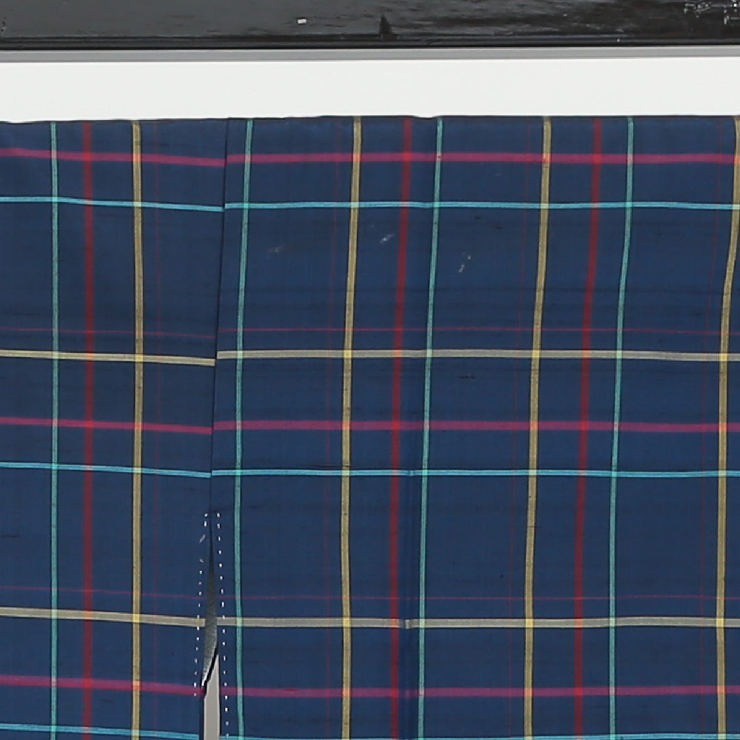 道中着(紬) 袷 身丈76cm 裄丈64cm 正絹 Bランク Mサイズ カジュアル 格子 青系 1264-05472