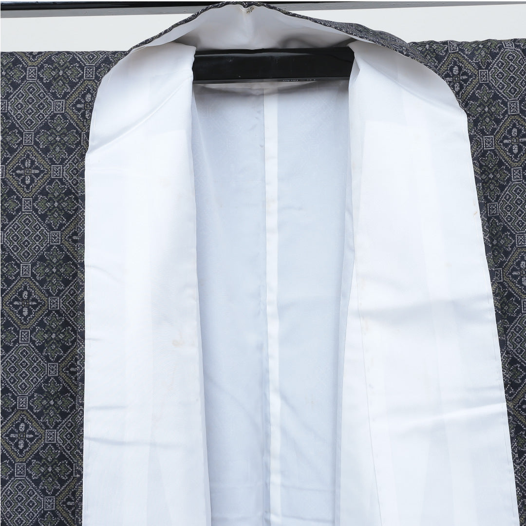 アンサンブル 大島紬 袷 身丈154cm 裄丈63cm 正絹 Aランク インフォーマル 広衿 Sサイズ 蜀江 グレー系 RP 1223-02625
