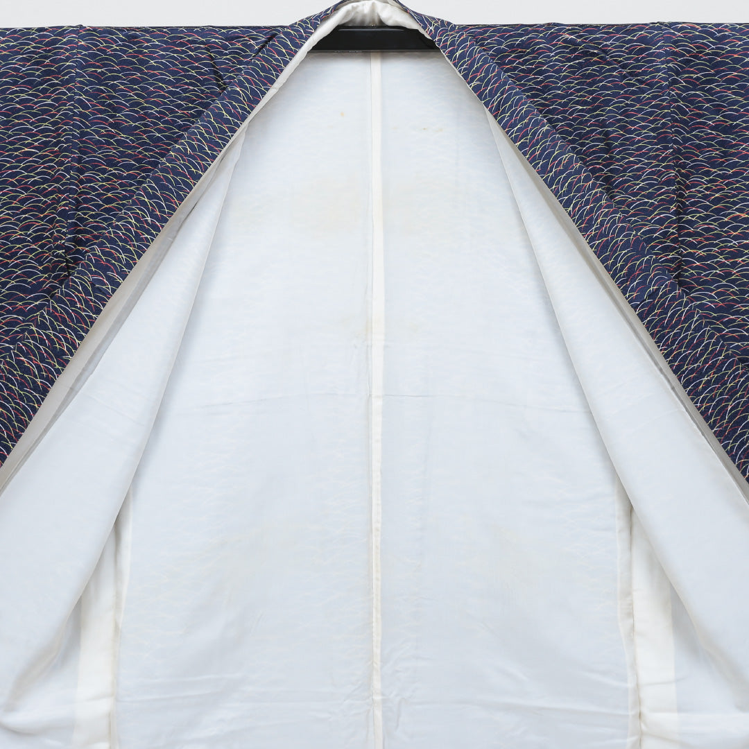 小紋 袷 身丈152cm 裄丈65cm 正絹 Aランク インフォーマル 広衿 Sサイズ 芝草 紺系 RP 1221-00541
