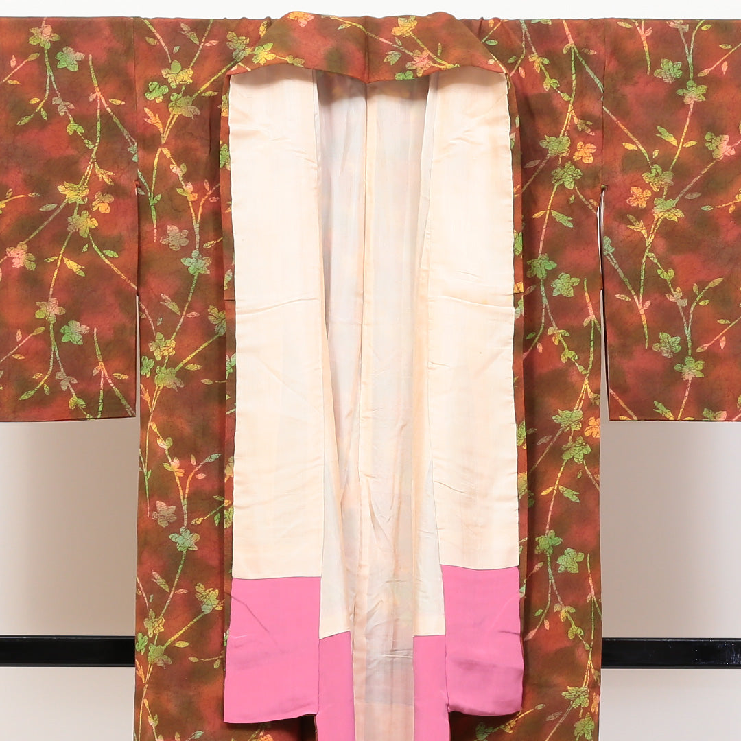 小紋 袷 身丈152cm 裄丈64cm 正絹 Bランク インフォーマル 広衿 Sサイズ 花柄 茶系 HP 1221-00430