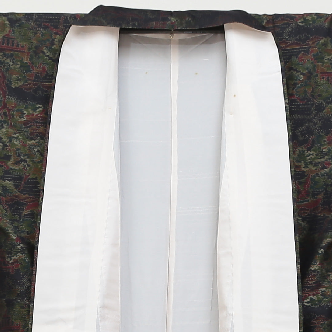 紬 袷 身丈156cm 裄丈64cm 正絹 Aランク カジュアル 広衿 Mサイズ しつけ糸 風景柄 植物柄 緑系 HP 1223-02651