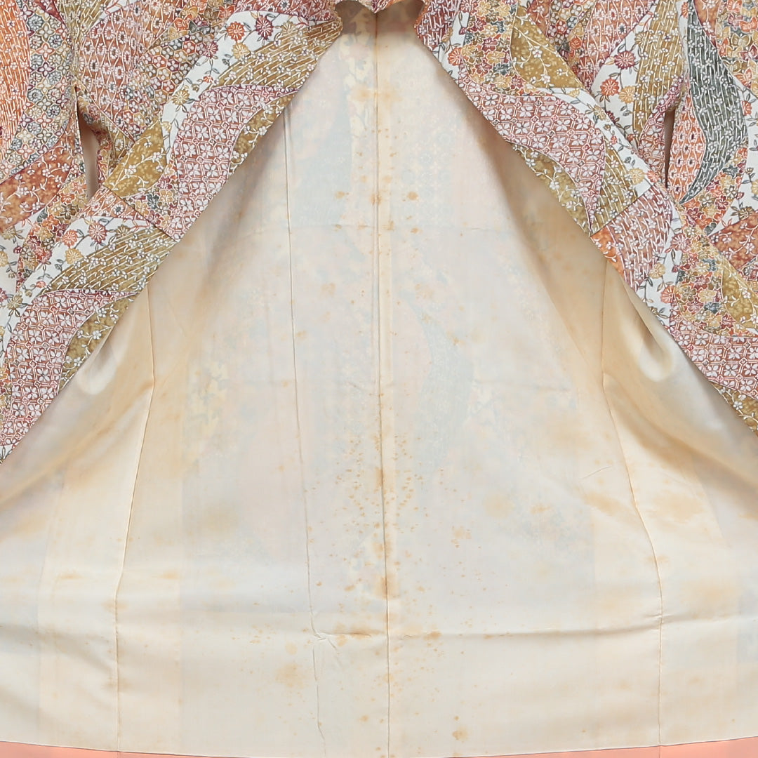 小紋 洗える着物 袷 身丈153cm 裄丈62cm ポリエステル Bランク Sサイズ 広衿 インフォーマル よろけ縞 花柄 朱系 1215-00805