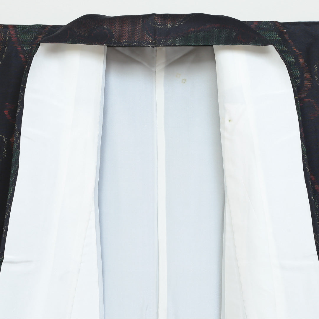 紬(大島紬) アンサンブル 袷 身丈151cm 裄丈63cm 正絹 Sランク Sサイズ 広衿 インフォーマル 紐あり 緯総絣 唐華 紺系 1216-02710