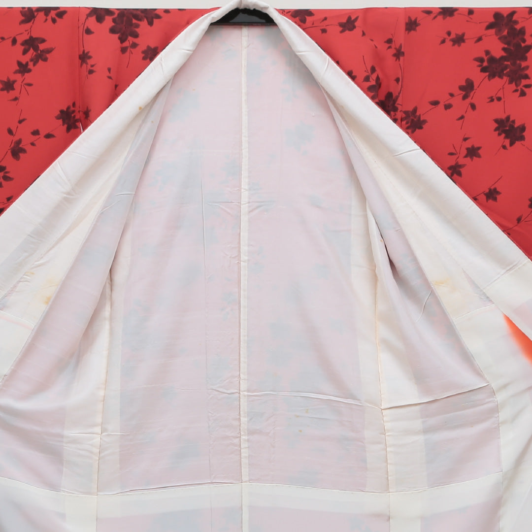 小紋 袷 身丈149cm 裄丈63cm 正絹 Aランク インフォーマル 広衿 XSサイズ 花柄 朱系 RP 1221-00654