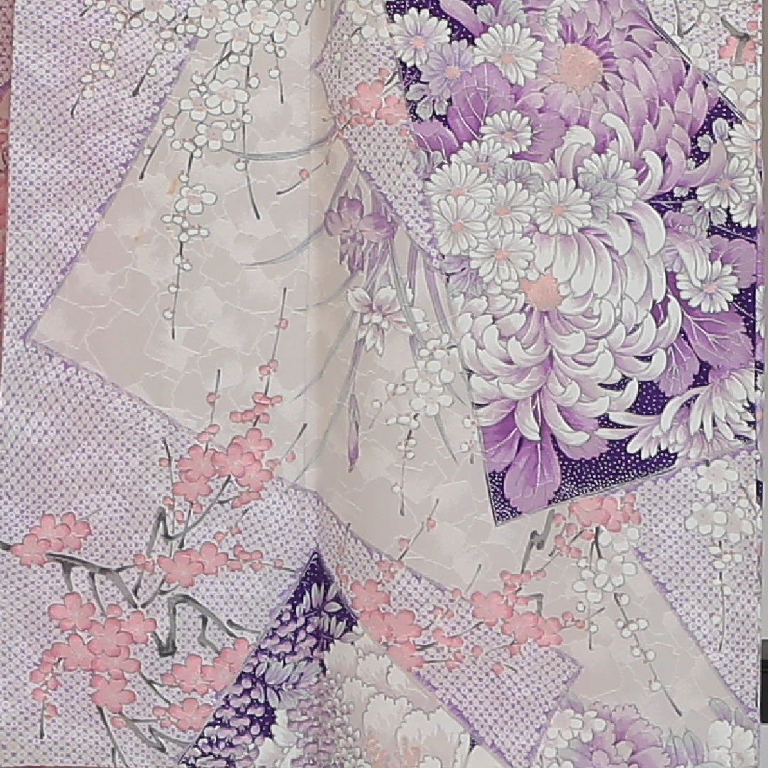 振袖 身丈157cm 裄丈66.5cm Bランク 袷 正絹 広衿 牡丹 桜 梅 紅葉 四季草花 1213-F0026