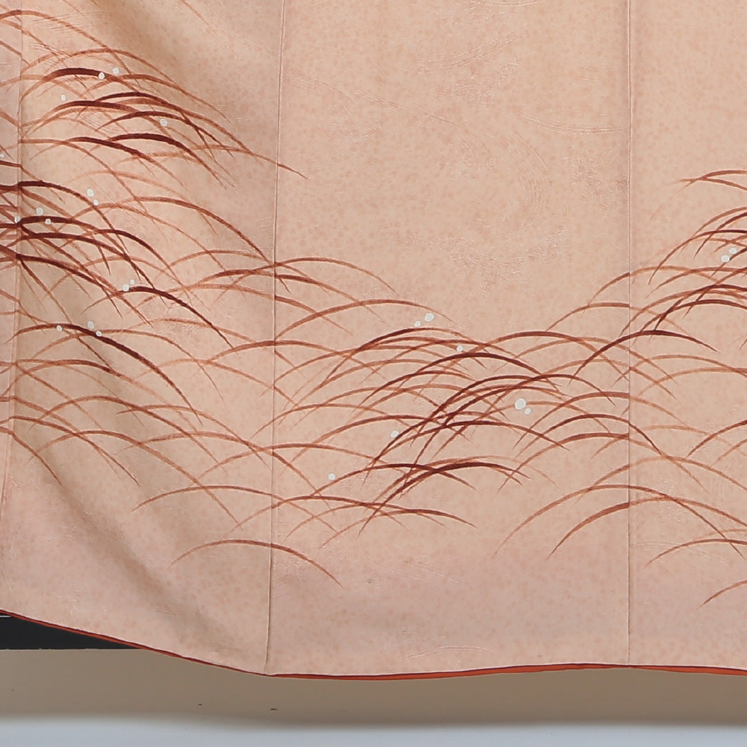 訪問着 袷 身丈158cm 裄丈64cm 正絹 Aランク Mサイズ 広衿 一つ紋(五三桐) セミフォーマル 紋意匠 植物柄 芝草 クリーム系 朱系 1212-04173