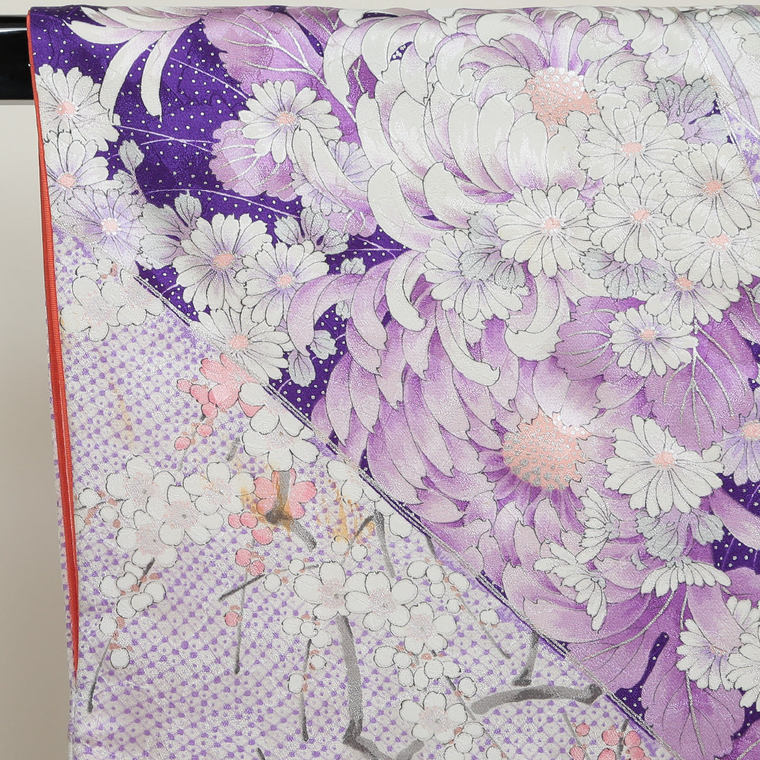 振袖 身丈157cm 裄丈66.5cm Bランク 袷 正絹 広衿 牡丹 桜 梅 紅葉 四季草花 1213-F0026