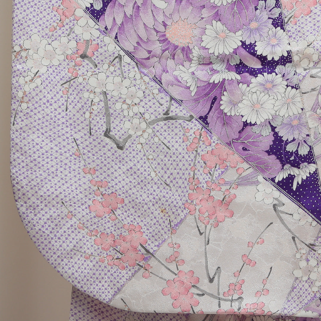 振袖 身丈157cm 裄丈66.5cm Bランク 袷 正絹 広衿 牡丹 桜 梅 紅葉 四季草花 1213-F0026
