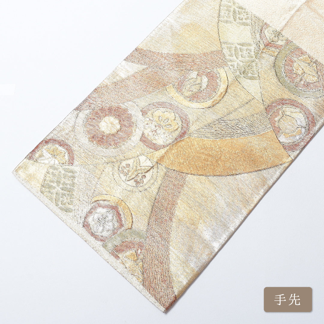 袋帯 帯丈412cm 正絹 六通 フォーマル 青海波 家紋柄 金系 1243-00665