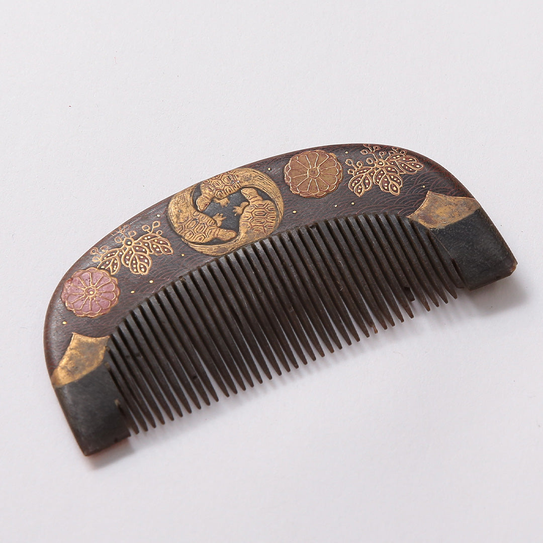 アンティーク 髪飾り Cランク 櫛 蒔絵 鶴 亀 菊 木製 和装小物 茶系 1237-00944