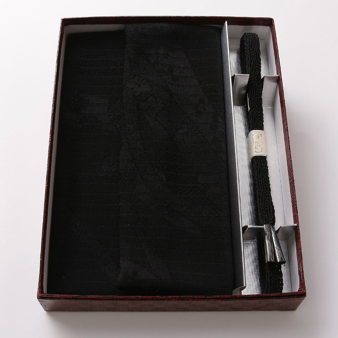 未使用品 夏物 帯締め・帯揚げセット 弔事用 正絹 Sランク 共箱 和装小物 帯締め 帯揚げ 黒系 1221-00935