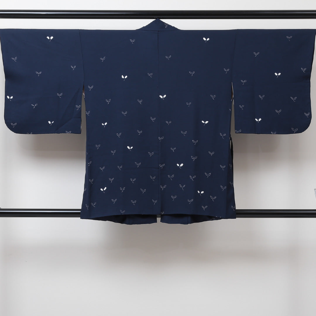 道中着 袷 身丈75cm 裄丈62cm 正絹 Bランク Sサイズ カジュアル 植物柄 青系 1264-05696