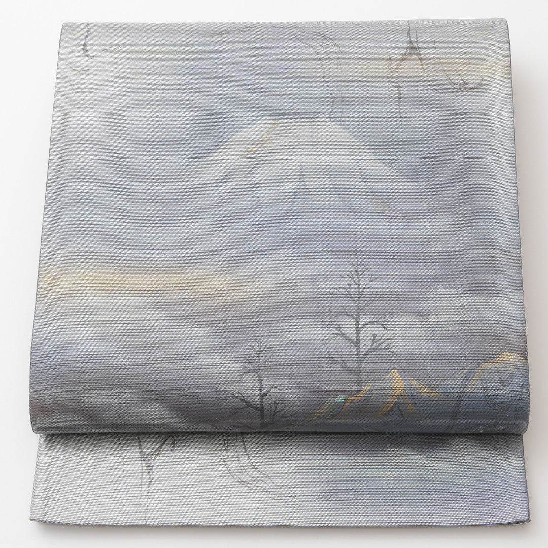 袋帯 帯丈444cm セミフォーマル 六通 Sランク 正絹 螺鈿織 遠山 金彩 グレー系 銀系 1223-00152