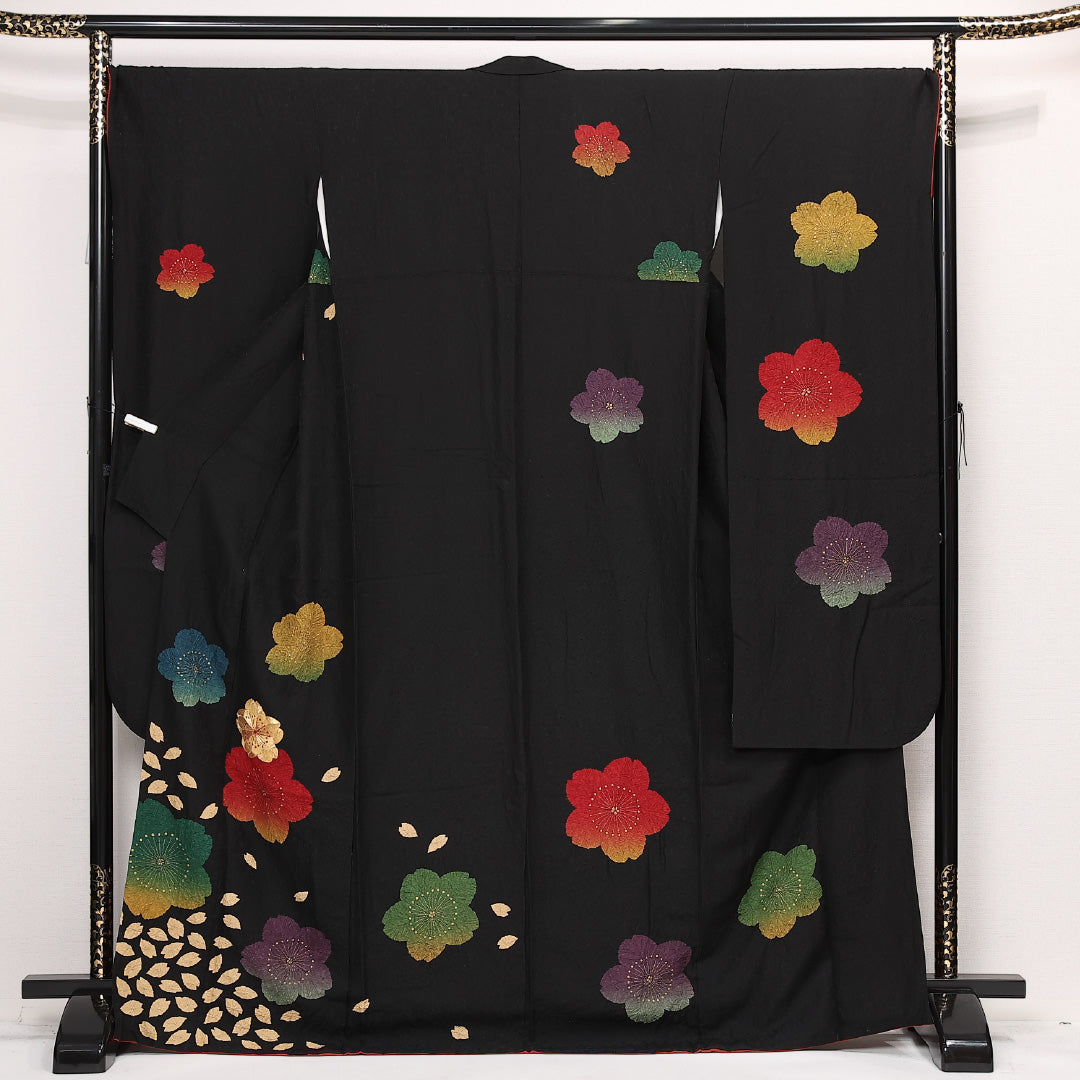 振袖 （長襦袢セット） 身丈168cm 裄丈71cm Sランク 正絹 袷 広衿 XL 絞り 桜 フォーマル レトロ 可愛らしい 黒系 1213-F0569