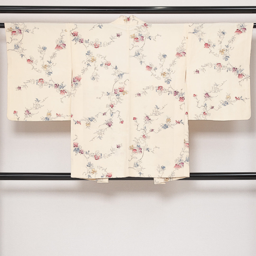 羽織 袷 身丈80cm 裄丈63cm 正絹 Sランク カジュアル Sサイズ 紐あり 花柄 クリーム系 RP 1232-13817