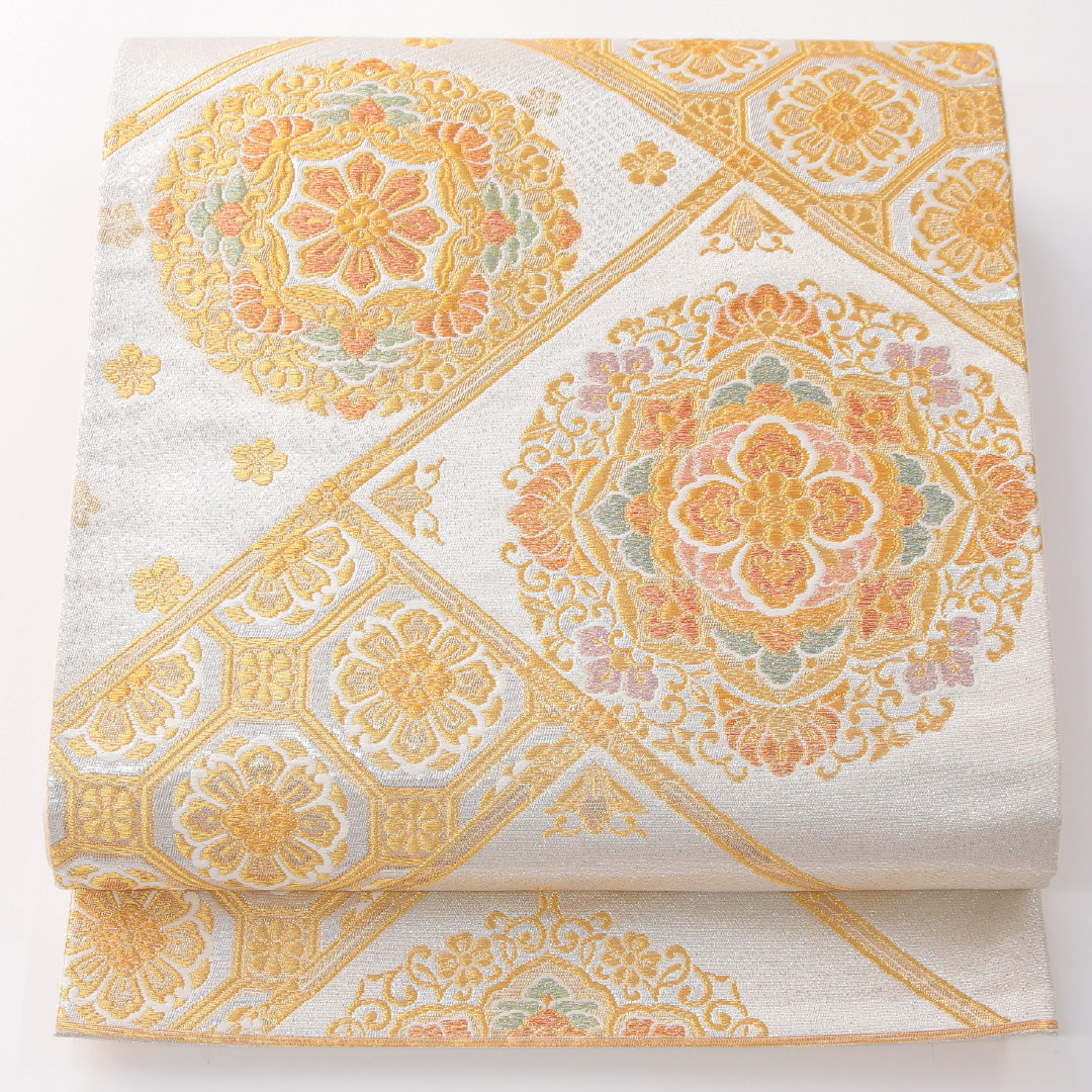 袋帯 帯丈432cm フォーマル 六通 Sランク 正絹 金箔 銀箔 宝相華 蜀江 クリーム系 銀系 1223-02293