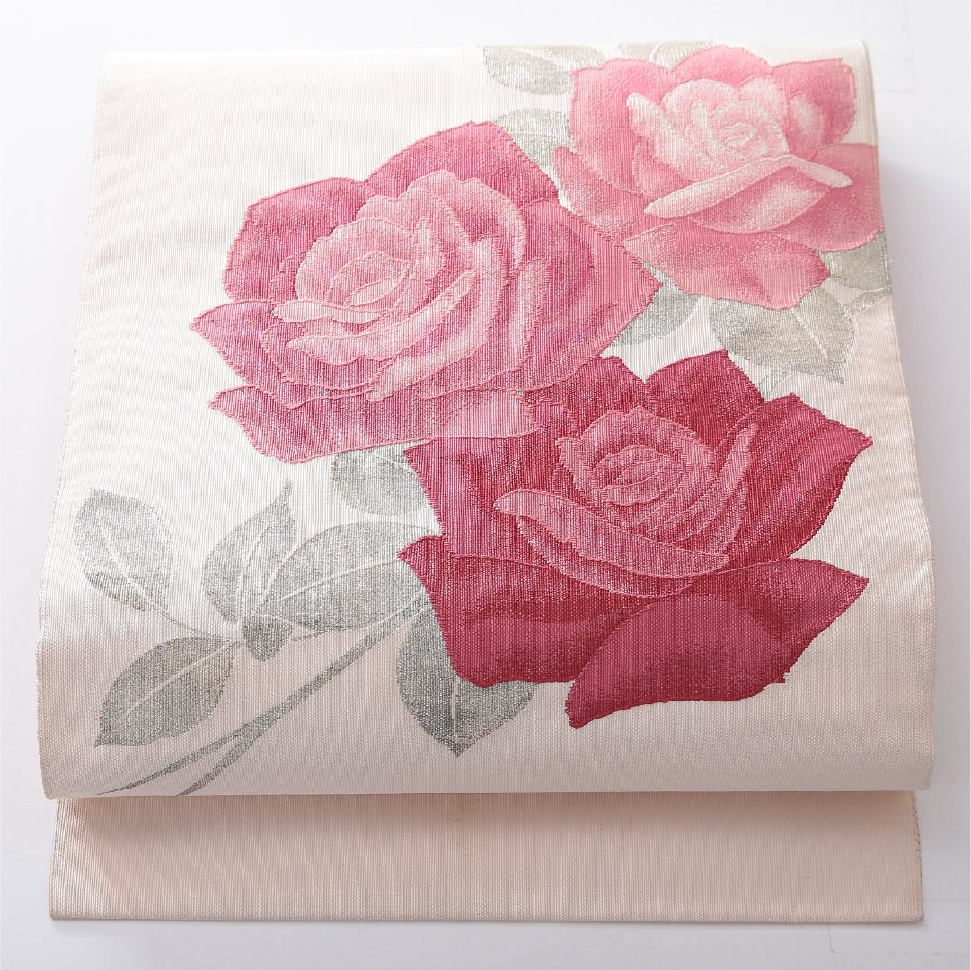 八寸名古屋帯 帯丈355cm インフォーマル 松葉仕立て ポイント柄 Cランク 正絹 綴れ織 薔薇 ピンク系 1224-03940