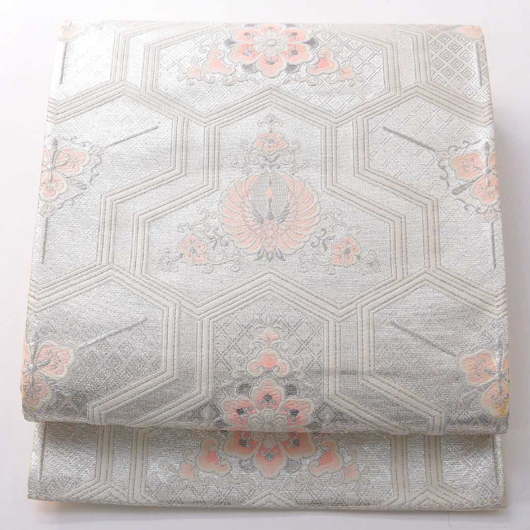 袋帯 帯丈424cm フォーマル 六通 帯芯なし Cランク 正絹 鳳凰 毘沙門亀甲 クリーム系 銀系 1223-02164