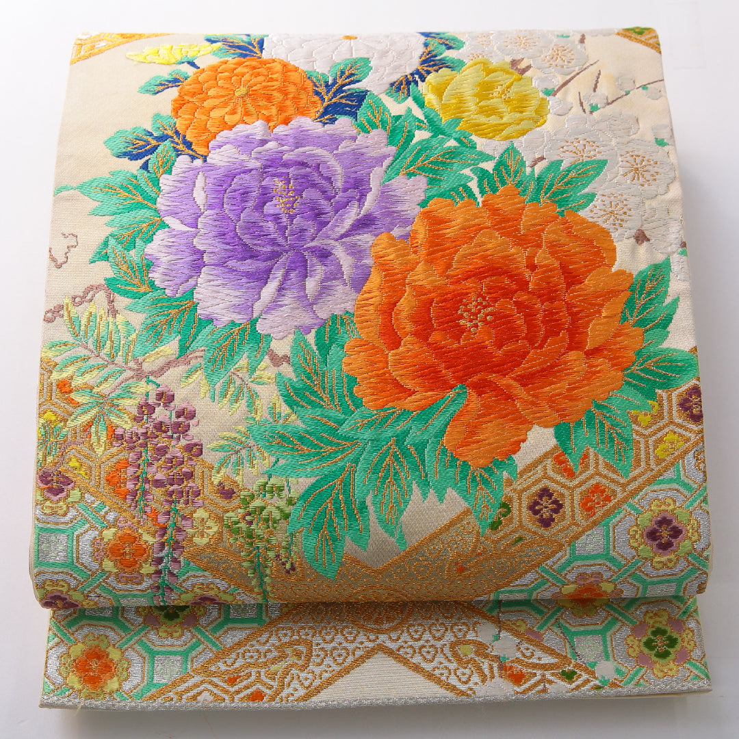 袋帯 帯丈430cm フォーマル 六通 Cランク 正絹 唐織 蜀江 牡丹 クリーム系 1223-02161