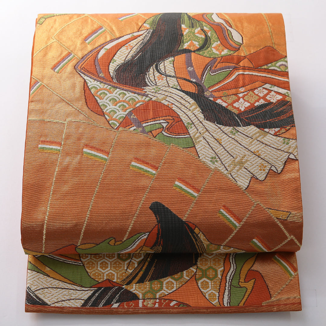 袋帯 帯丈444cm フォーマル 六通 Aランク 正絹 平安絵巻 朱系 1223-02155