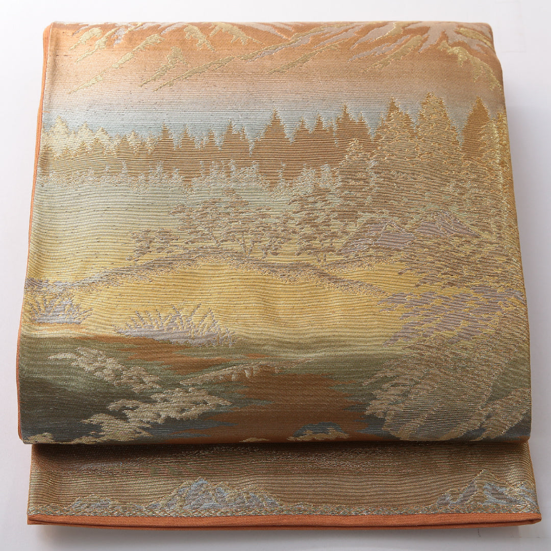 袋帯 帯丈412cm セミフォーマル 六通 Sランク 正絹 山 茶系 1223-02159