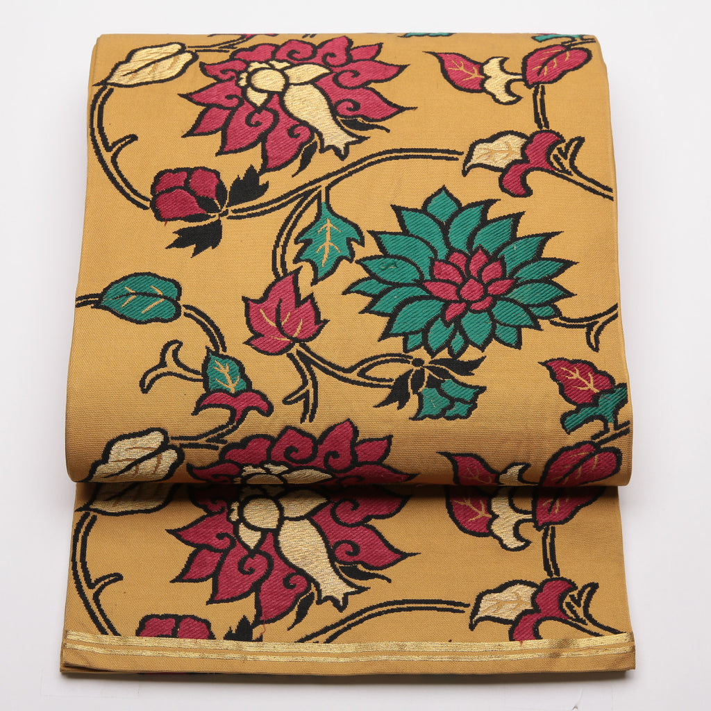 袋帯 紬 正絹 金彩加工 ラメ加工 手染め 薄茶ベージュ色 花唐草 桜 楓 