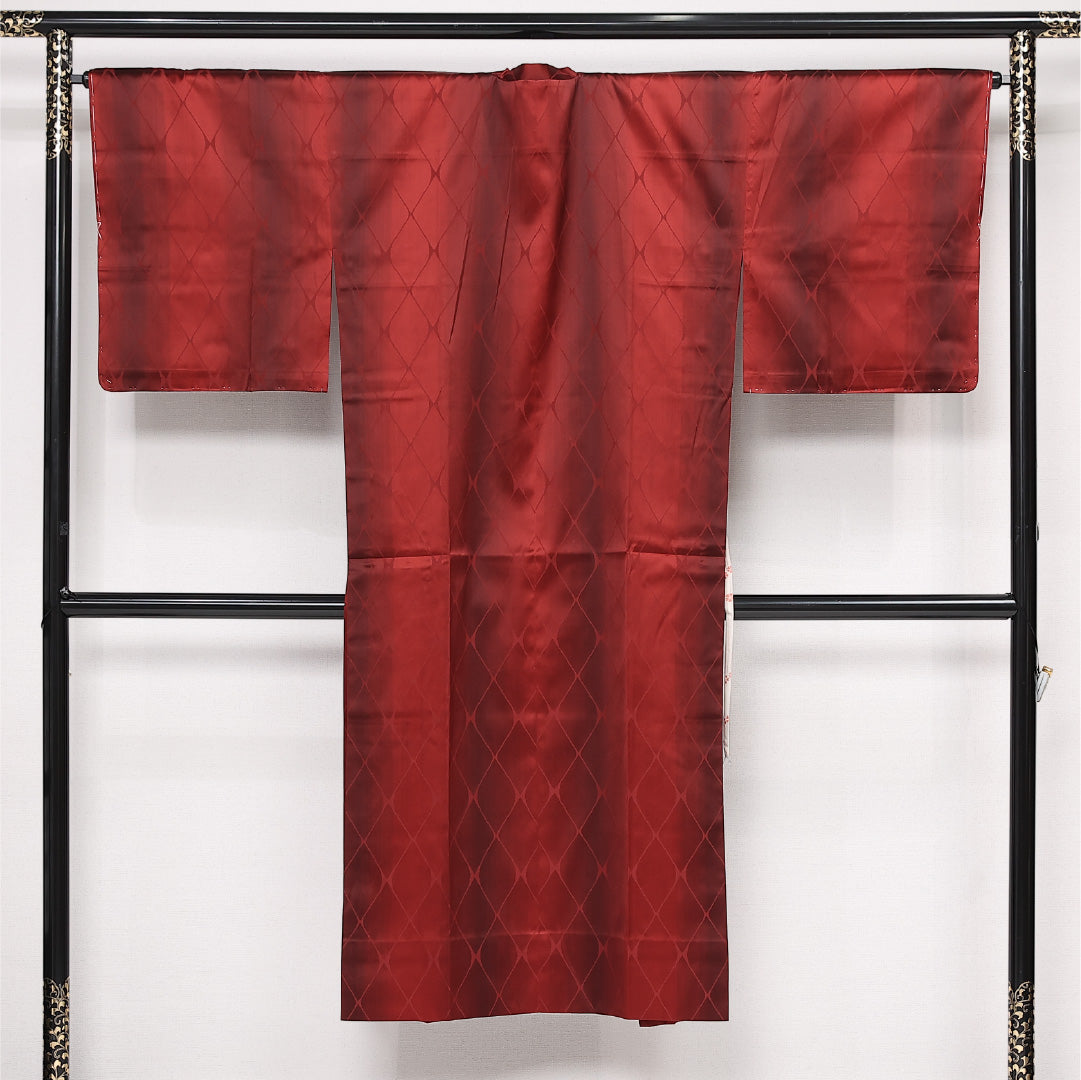 未使用品 道行コート 単衣 身丈138cm 裄丈68cm 正絹 Nランク カジュアル Lサイズ ぼかし染 ポケットあり しつけ糸 菱 赤系 RP 1237-13414