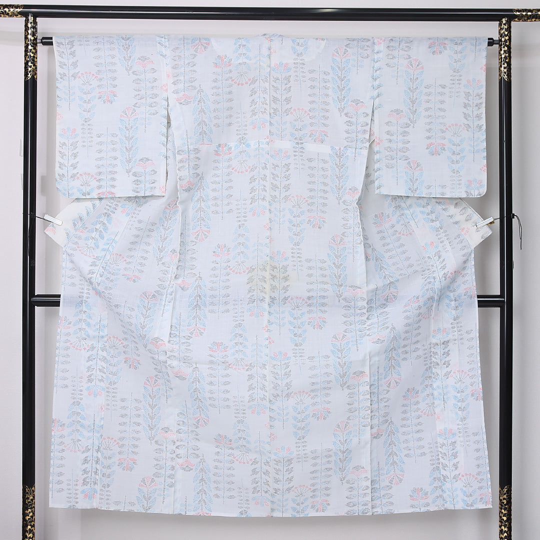 夏物 紬 身丈151cm 裄丈63.5cm Aランク S 正絹 夏紬 バチ衿 花柄 カジュアル 白系 1216-12382