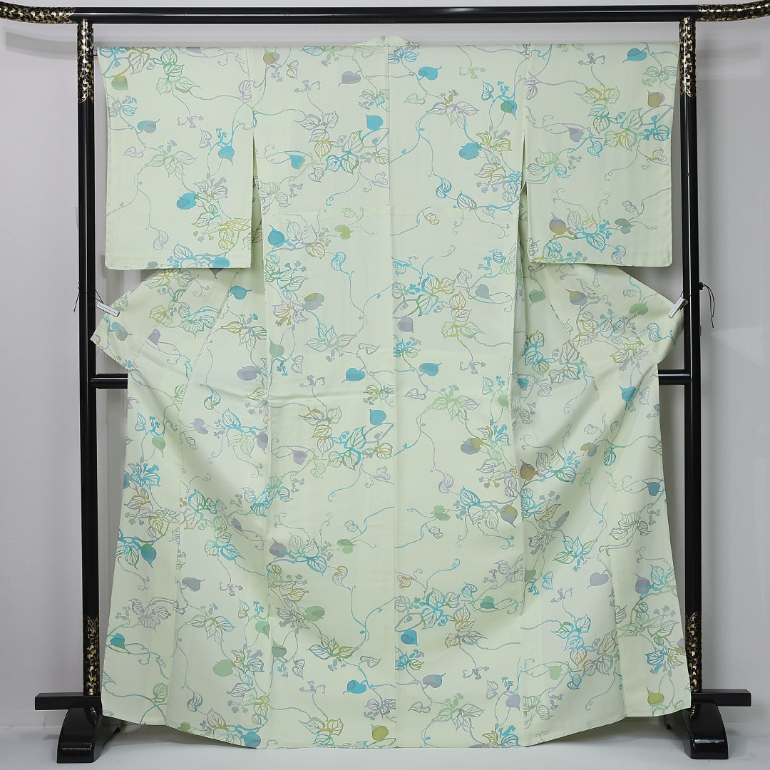 小紋 身丈167cm 裄丈67cm Aランク XL 正絹 単衣 広衿 居敷当て 唐草 カジュアル 緑系 1215-12313