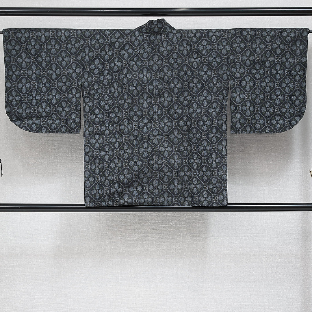 道中着 袷 身丈79cm 裄丈66cm 正絹 Sランク カジュアル Mサイズ 蜀江 花菱 紺系 RP 1236-14663