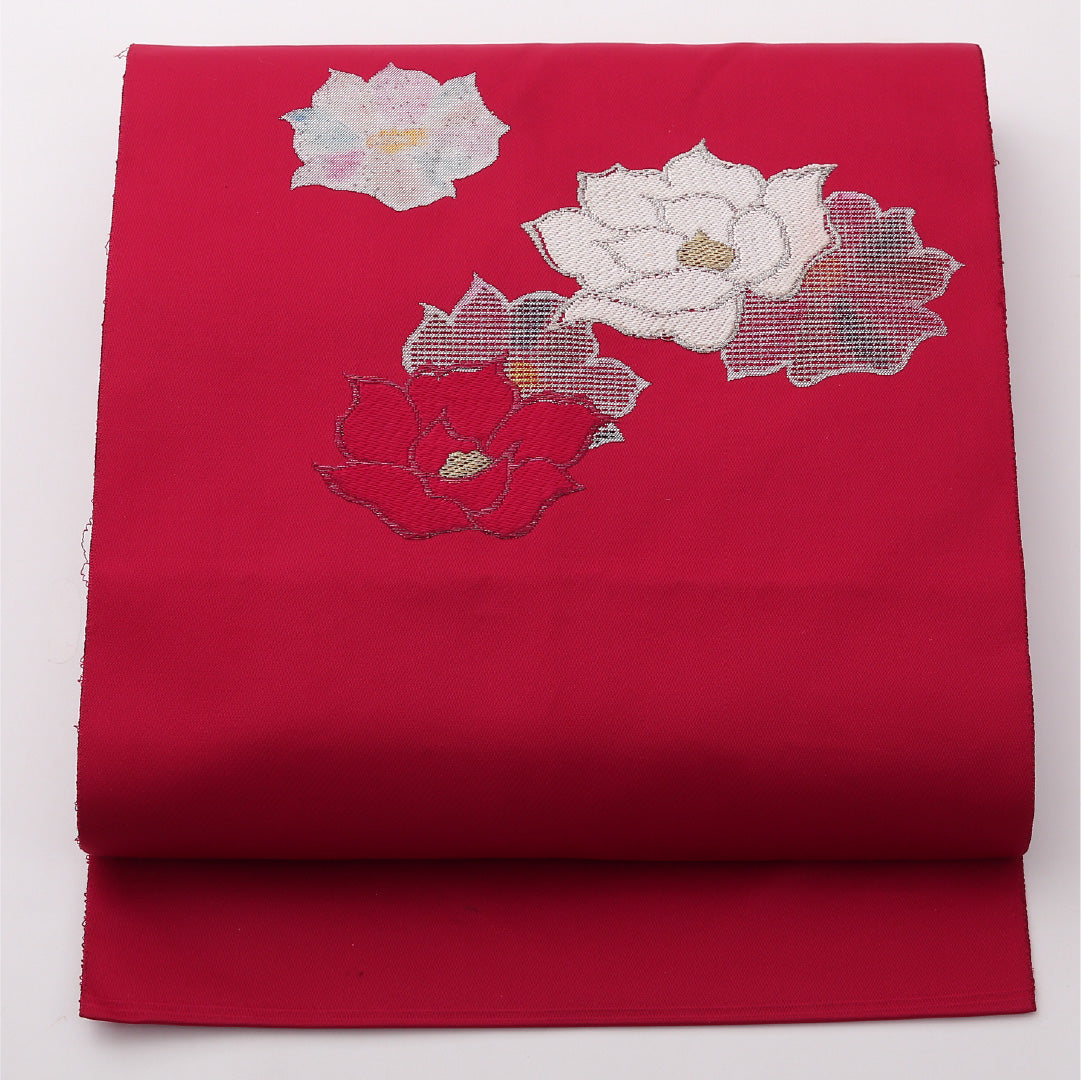 八寸名古屋帯 Aランク 帯丈336cm 正絹 ポイント柄 松葉仕立て 織り カジュアル 牡丹 赤系 LP 1245-02381
