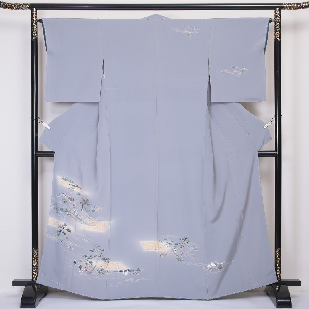 訪問着 袷 身丈163cm 裄丈64cm 正絹 Aランク セミフォーマル 広衿 Lサイズ 人物 風景柄 グレー系 RP 1217-04538