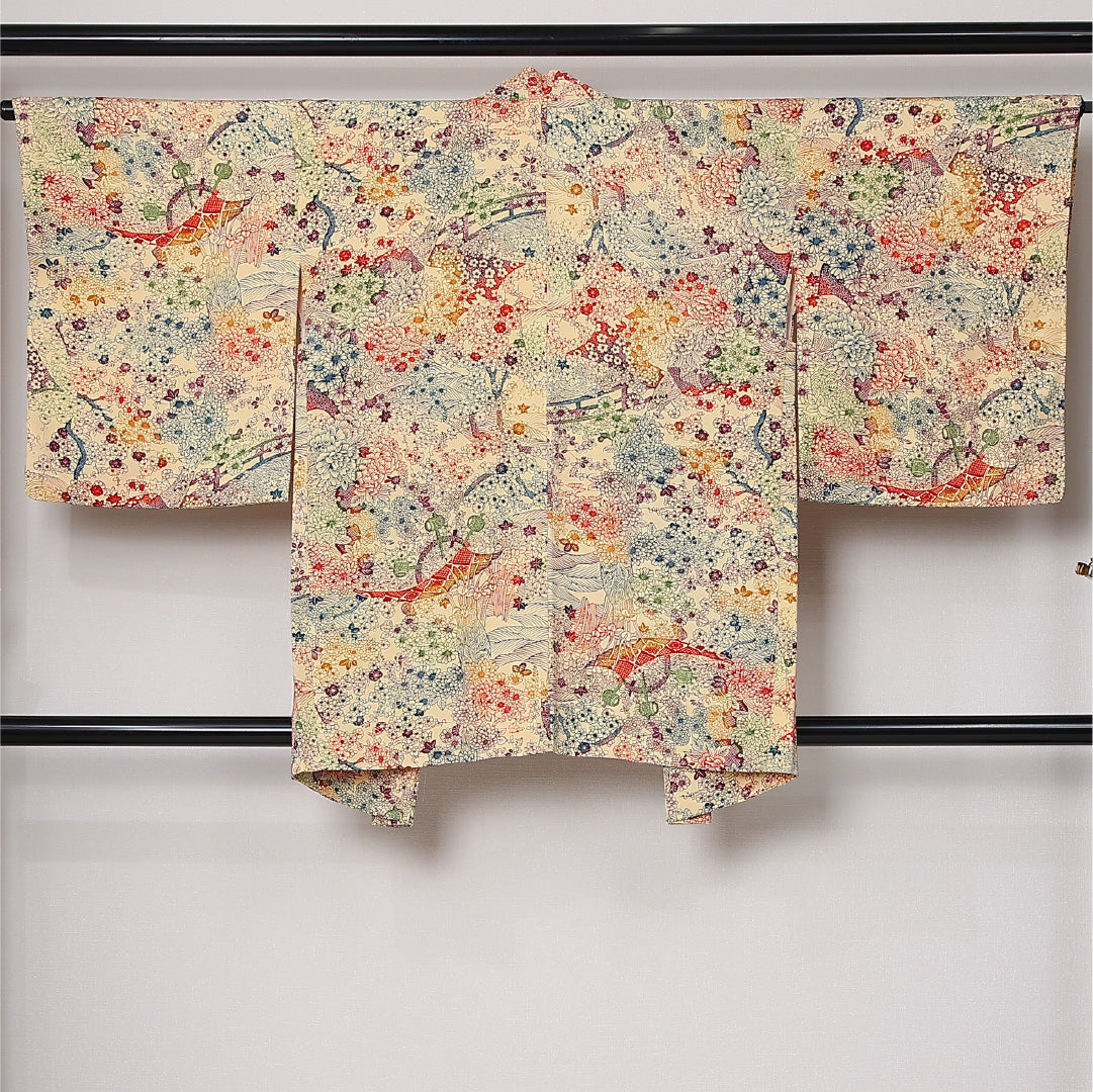 羽織 袷 身丈85cm 裄丈64cm 正絹 Sランク カジュアル Mサイズ 紐あり 花柄 ベージュ系 RP 1232-12863