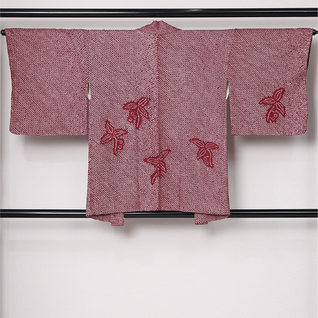 羽織 袷 身丈80cm 裄丈64cm 正絹 Sランク カジュアル Mサイズ 紐あり 植物柄 ピンク系 RP 1232-12807