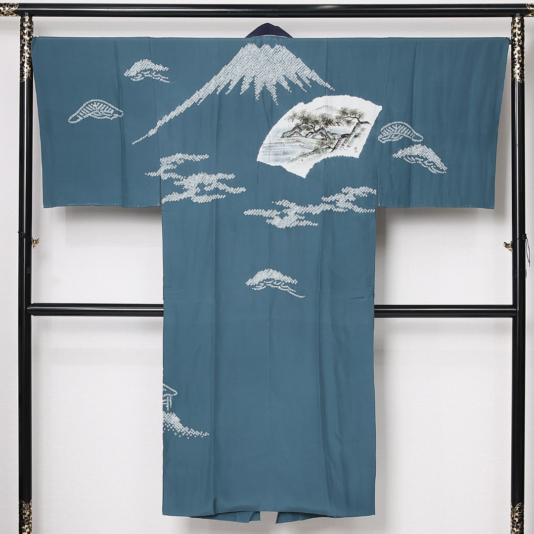 長襦袢 男性用 袷 身丈136cm 裄丈68cm 正絹 Sランク Mサイズ 扇 青系 RP 1241-12965