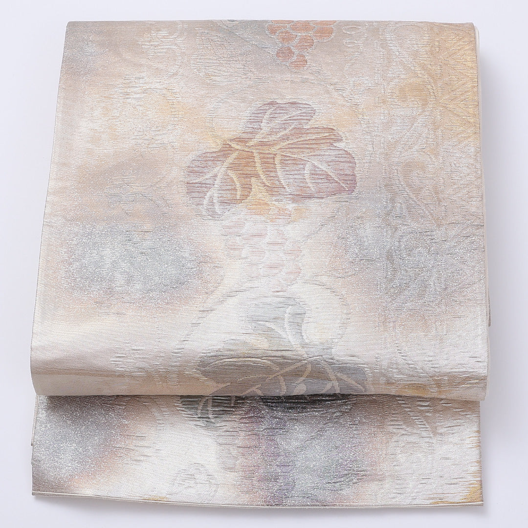 袋帯 帯丈428cm 六通 葡萄 ふくれ織 セミフォーマル 銀系 正絹 Aランク 1223-00979