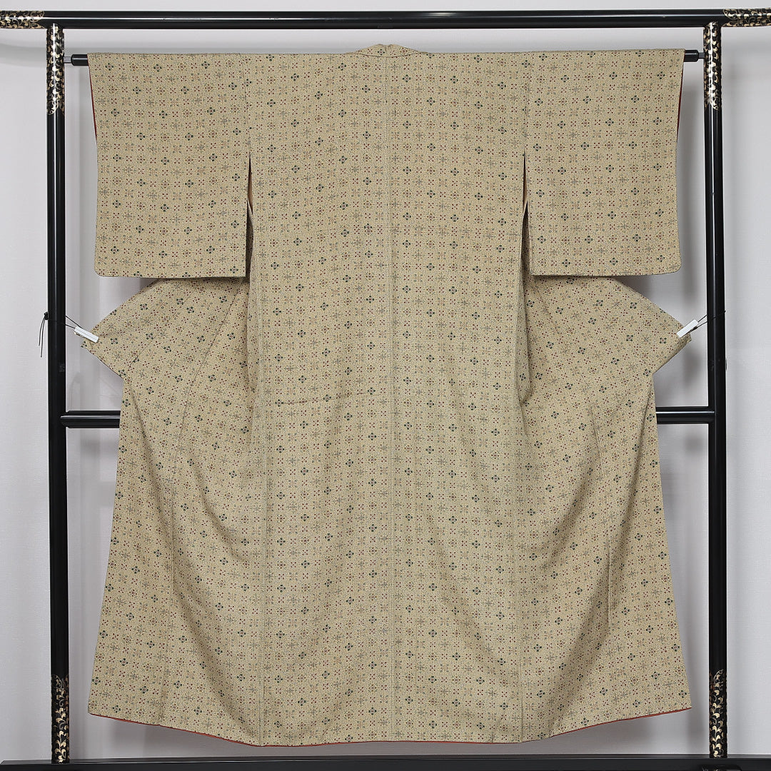 小紋 身丈150cm 裄丈63cm Aランク S 正絹 袷 広衿 オリエンタル 花菱 カジュアル 緑系 1215-11996