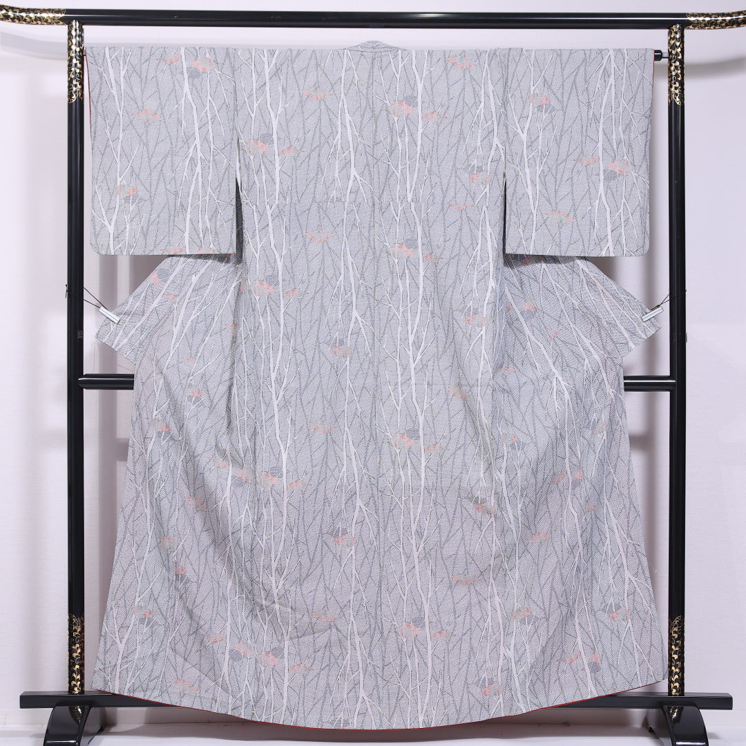 小紋 袷 身丈159cm 裄丈66cm 正絹 Cランク インフォーマル 広衿 Mサイズ 植物柄 グレー系 LP 1221-11750