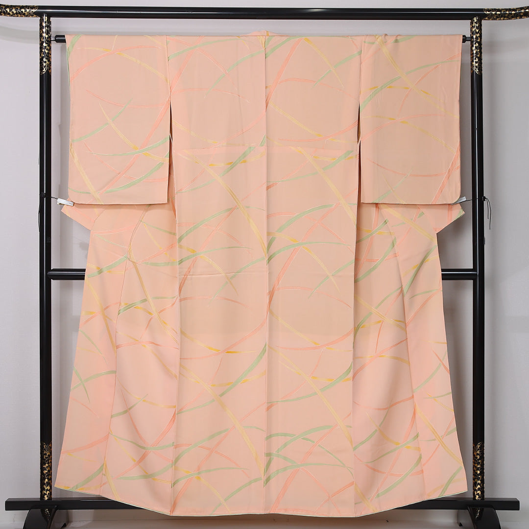 小紋 身丈157cm 裄丈63.5cm Aランク M 正絹 袷 広衿 芝草 カジュアル ピンク系 1215-12380