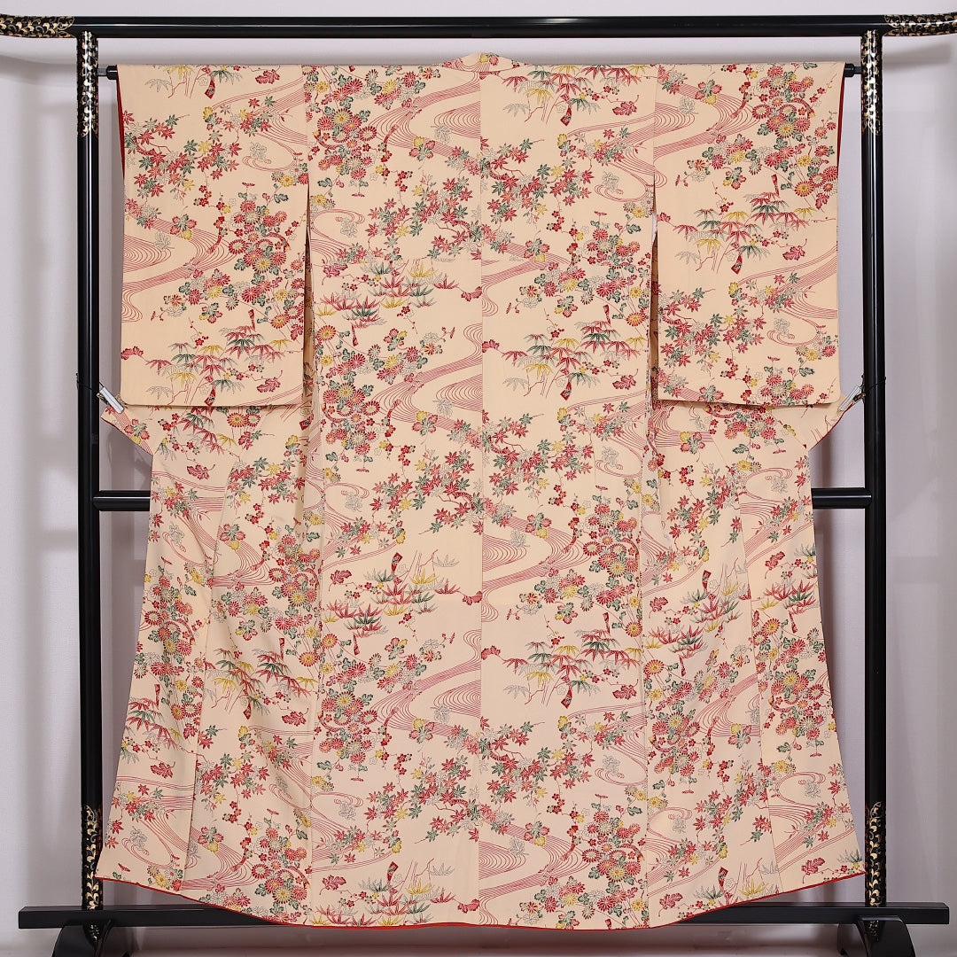 小紋 袷 身丈155.5cm 裄63.5cm 正絹 流水 梅 紅葉 菊 笹 クリーム系 Bランク 1215-02471