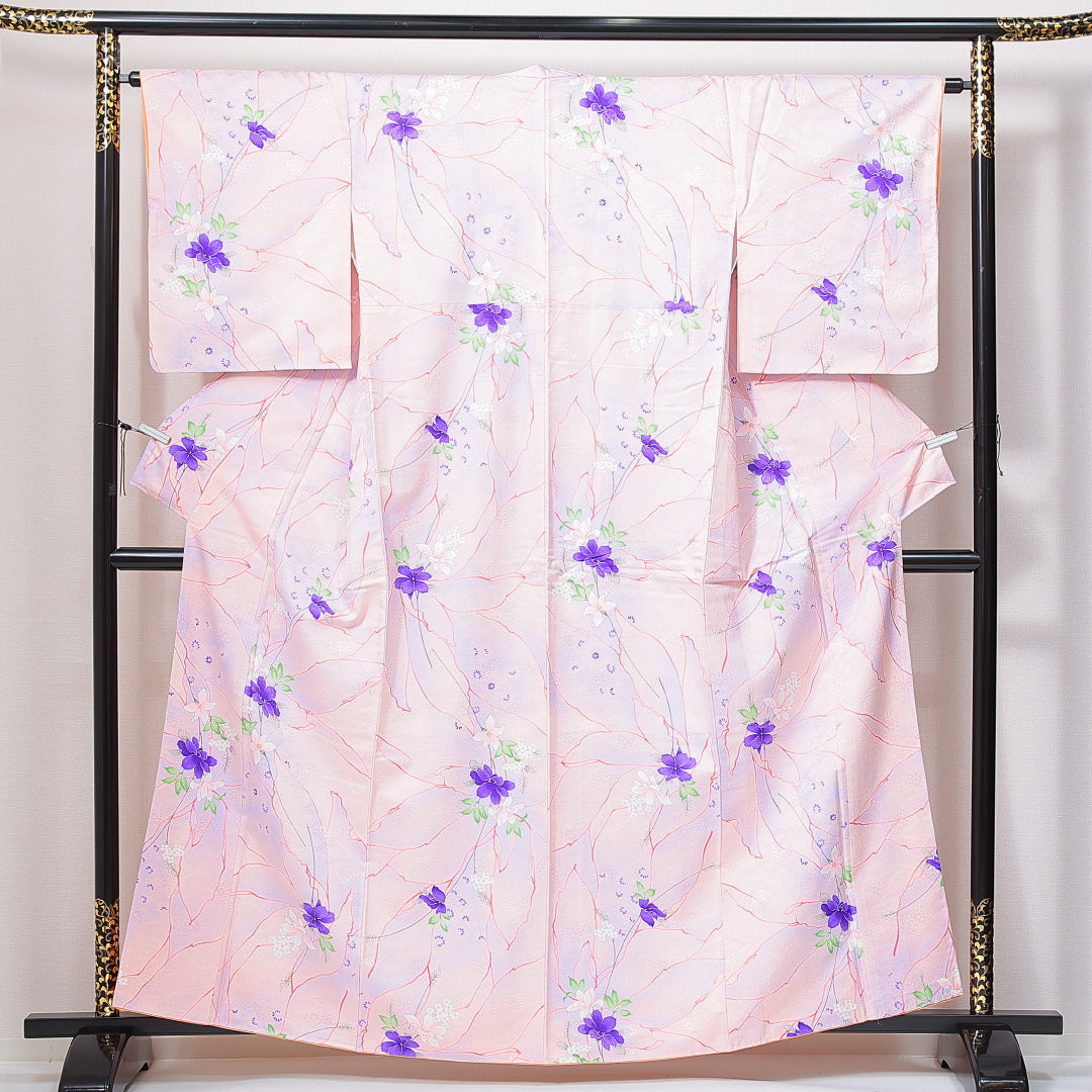 小紋 洗える着物 袷 身丈160cm 裄丈62cm ポリエステル Aランク Lサイズ 広衿 インフォーマル 花柄 ピンク系 紫系 1215-14973