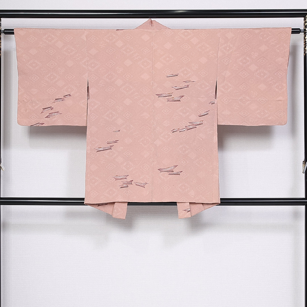 羽織 身丈80cm 裄丈61cm S 正絹 Aランク 袷 ふくれ織 紅葉 菊 笹 菱形 紐あり 1217-10252