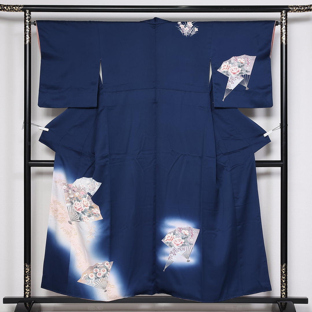 訪問着 袷 身丈154cm 裄65cm 正絹 牡丹 扇子 ぼかし Aランク 1212-00777