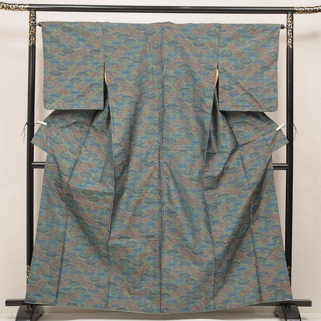 紬 緑系 正絹 袷 檜扇 1223-16954 背面全体