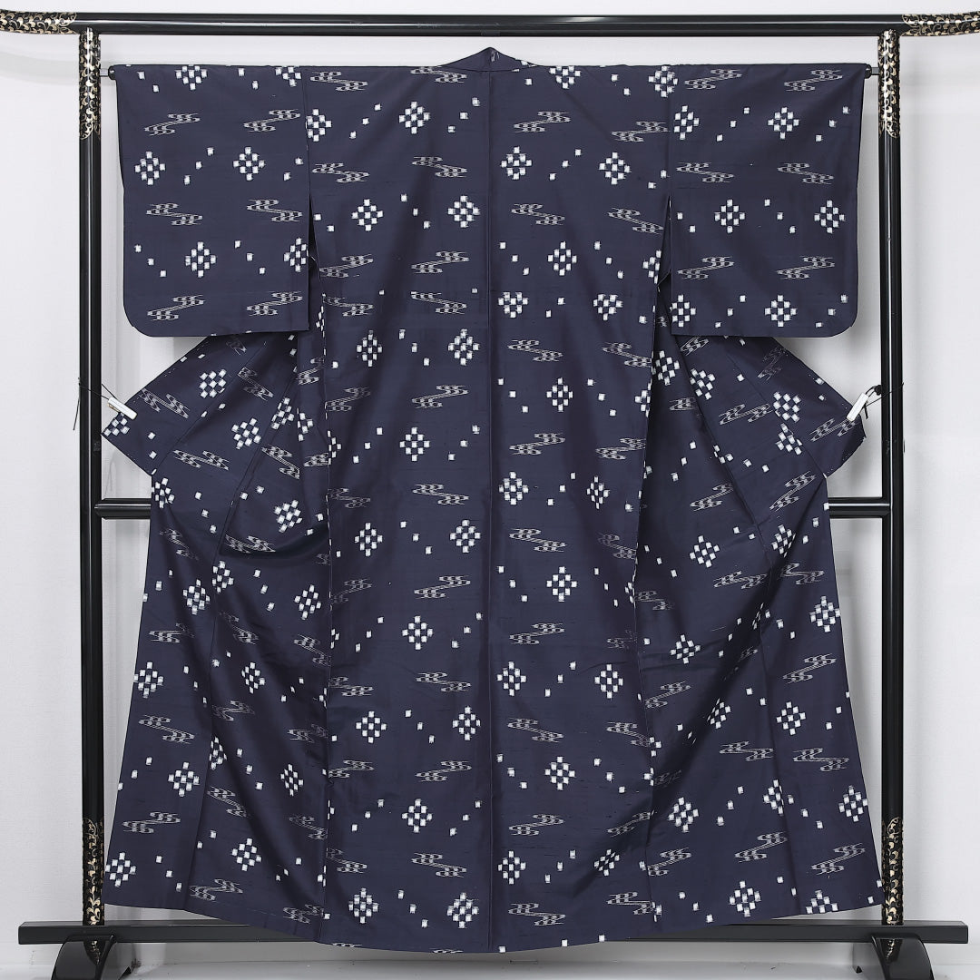 紬 単衣 身丈159cm 裄丈65cm 正絹 Sランク カジュアル 広衿 Mサイズ 絣 紺系 RP 1223-12197