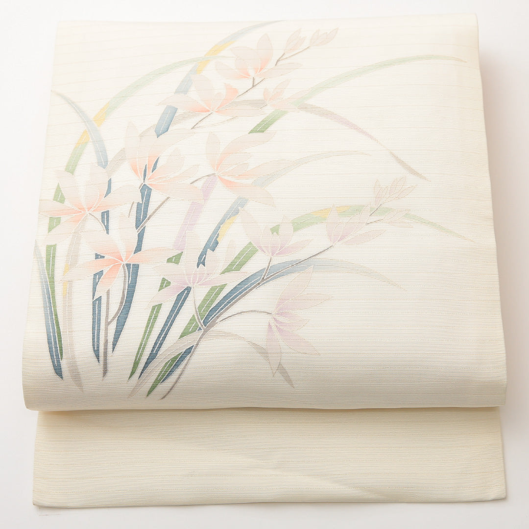 夏物 名古屋帯 ポイント柄 帯丈380cm カジュアル Sランク 正絹 絽 綴れ織 花柄 白系 1224-01988