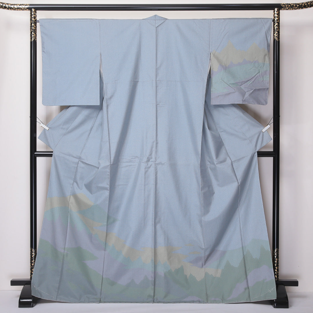 付下げ (大島紬) 袷 身丈169cm 裄丈67cm 正絹 Sランク インフォーマル 広衿 XLサイズ 経緯絣 しつけ糸 山 グレー系 M4 1218-04587