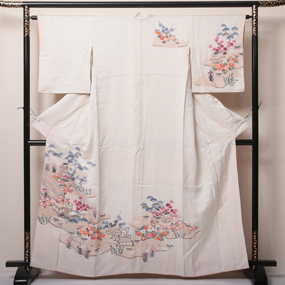 訪問着 袷 身丈160～164cm 裄62cm 正絹 茶屋辻 笠松や菖蒲 白系 Bランク 1212-00599