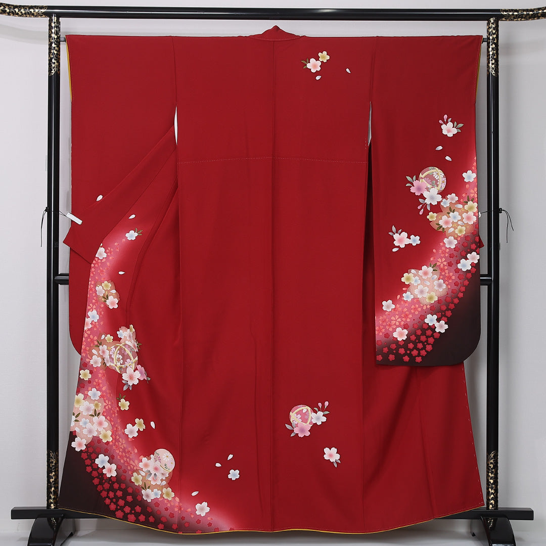 振袖 身丈160cm 裄丈66cm Sランク 正絹 袷 広衿 L 毬 桜 フォーマル 古典的 可愛らしい 赤系 1213-F0507