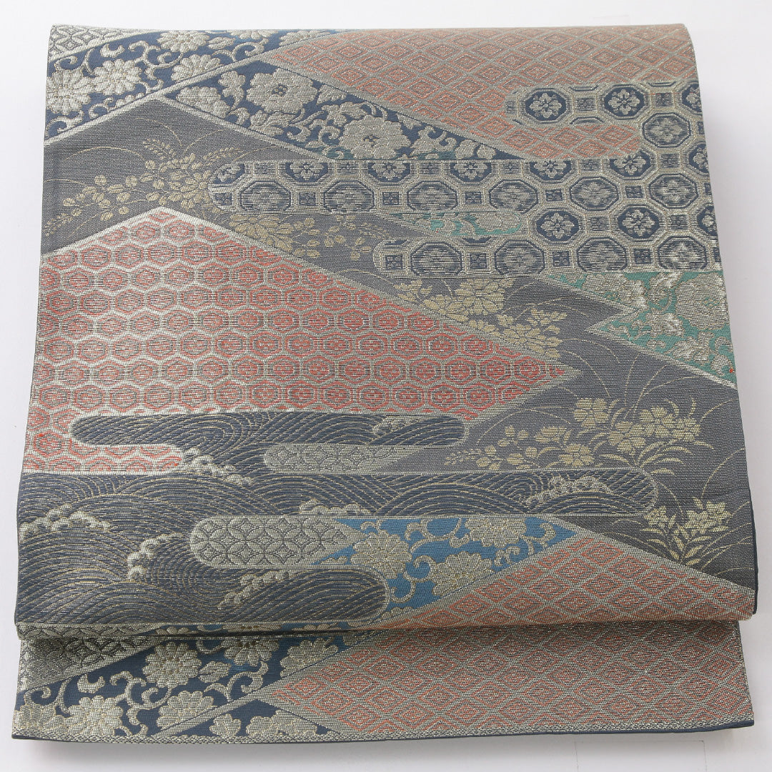 袋帯 帯丈424cm 正絹 六通 帯芯なし フォーマル 松皮菱 吉祥文様 青系 1243-02242
